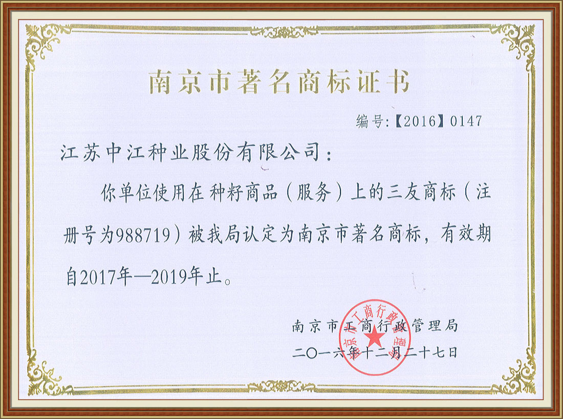 2016年度南京市著名商標證書